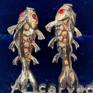 1940s sterling silver gold vermeil koi fish red rhinestones screw back earrings